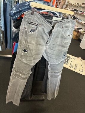 Men’s RockStar Distressed Moto Jeans Grey Black Pre Owned Used Sz 42